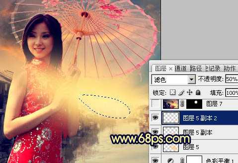 ‘Photoshop调出古典霞光效果古镇美女图片‘