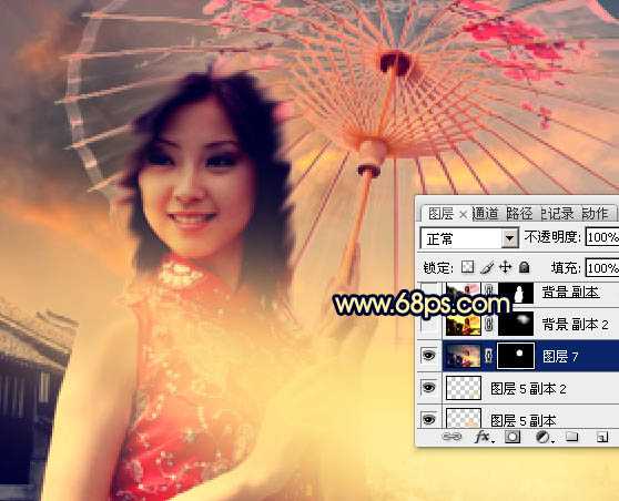 ‘Photoshop调出古典霞光效果古镇美女图片‘