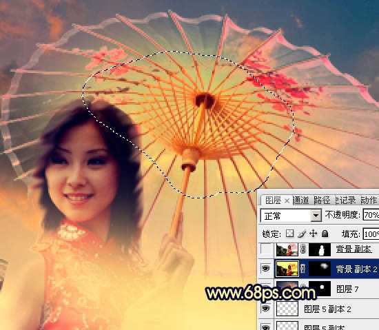 ‘Photoshop调出古典霞光效果古镇美女图片‘