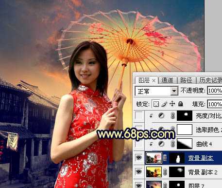 ‘Photoshop调出古典霞光效果古镇美女图片‘