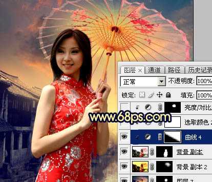 ‘Photoshop调出古典霞光效果古镇美女图片‘