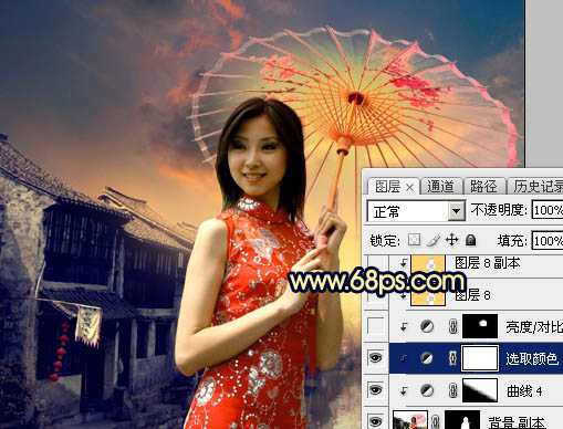 ‘Photoshop调出古典霞光效果古镇美女图片‘