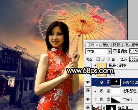 ‘Photoshop调出古典霞光效果古镇美女图片‘