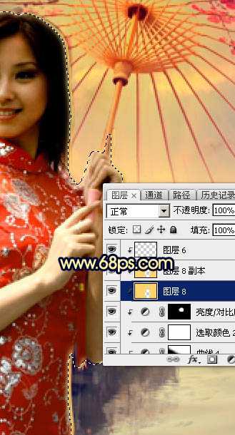‘Photoshop调出古典霞光效果古镇美女图片‘
