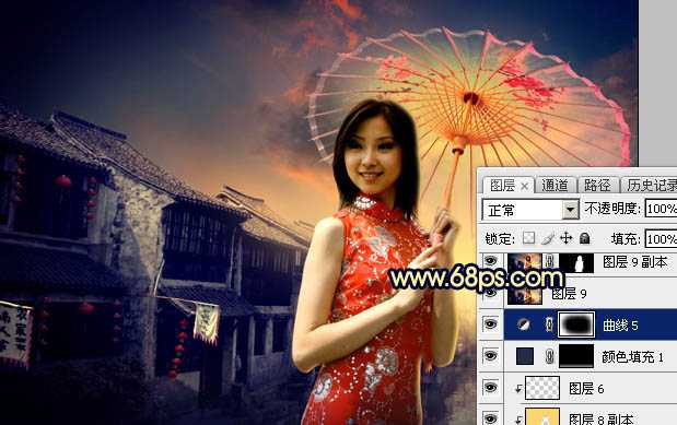 ‘Photoshop调出古典霞光效果古镇美女图片‘