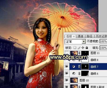 ‘Photoshop调出古典霞光效果古镇美女图片‘