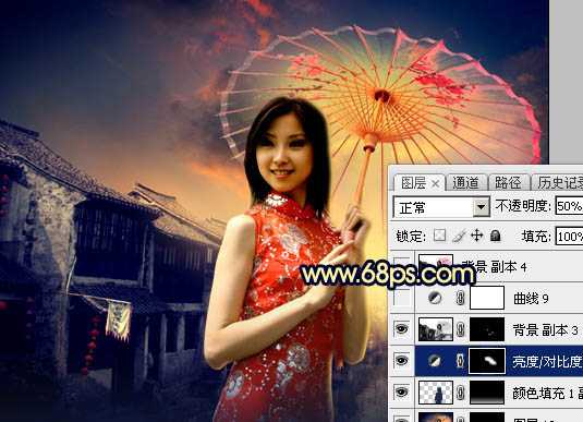 ‘Photoshop调出古典霞光效果古镇美女图片‘