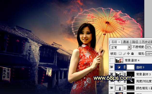 ‘Photoshop调出古典霞光效果古镇美女图片‘
