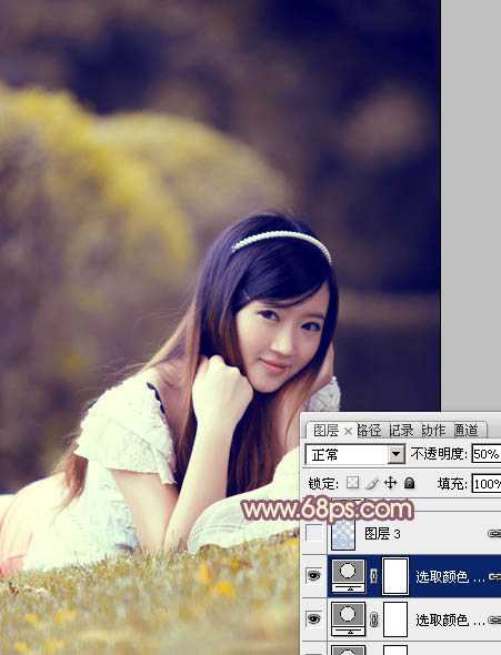 ‘Photoshop将草地上的美女调制出柔美的橙紫色‘