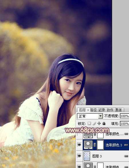 ‘Photoshop将草地上的美女调制出柔美的橙紫色‘