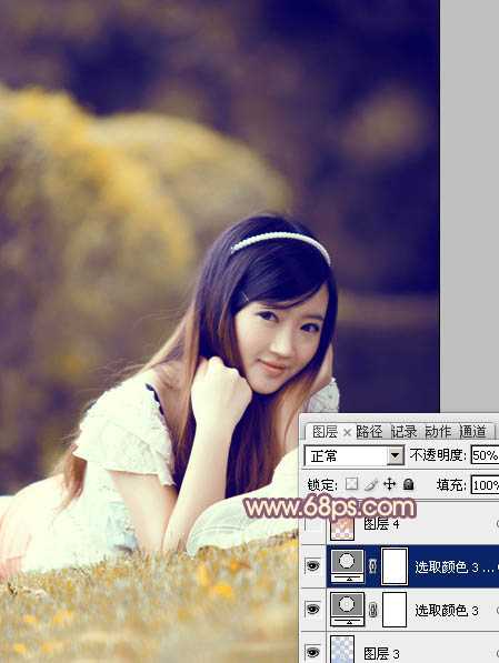 ‘Photoshop将草地上的美女调制出柔美的橙紫色‘