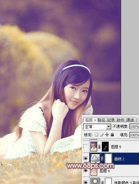 ‘Photoshop将草地上的美女调制出柔美的橙紫色‘