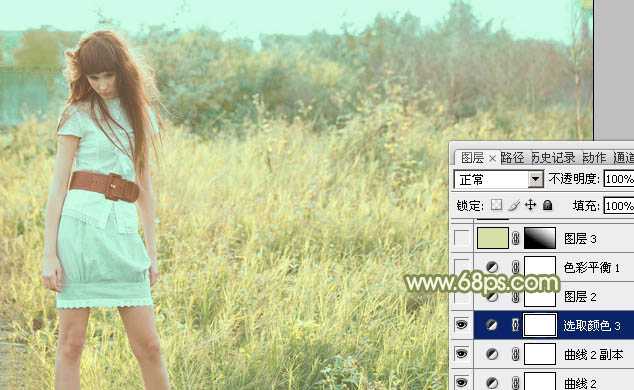 ‘Photoshop将草地人物图片增加淡美清新的青黄色‘