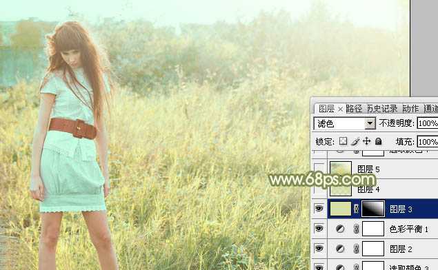 ‘Photoshop将草地人物图片增加淡美清新的青黄色‘