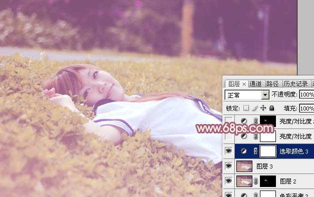‘Photoshop将躺草地上的美女打造出柔和的秋季红褐色‘