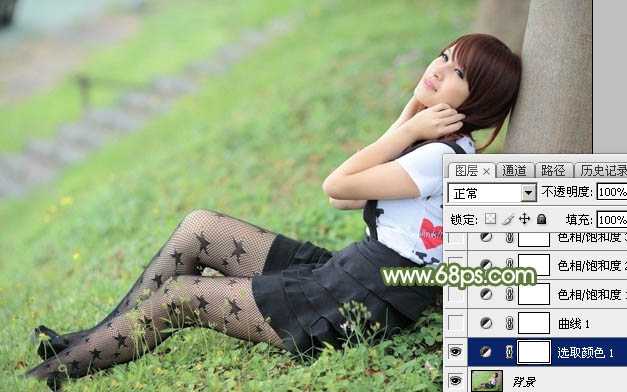 ‘Photoshop给夏季草地上的美女加上唯美的韩系淡绿色‘