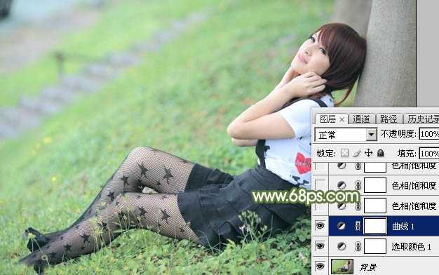 ‘Photoshop给夏季草地上的美女加上唯美的韩系淡绿色‘