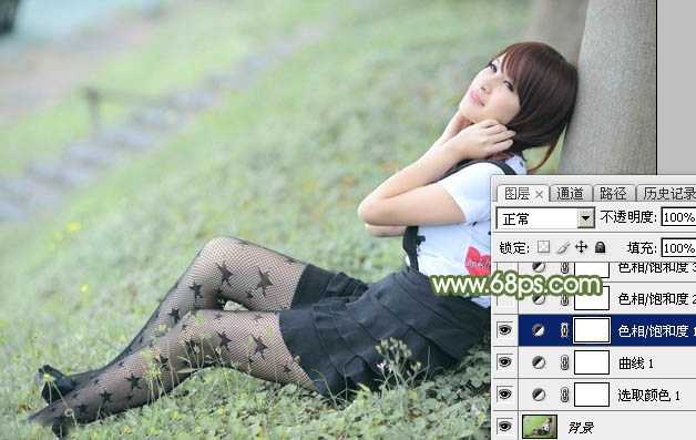 ‘Photoshop给夏季草地上的美女加上唯美的韩系淡绿色‘