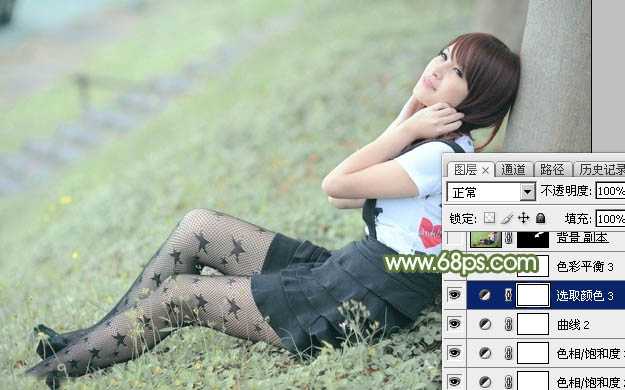 ‘Photoshop给夏季草地上的美女加上唯美的韩系淡绿色‘