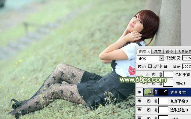 ‘Photoshop给夏季草地上的美女加上唯美的韩系淡绿色‘