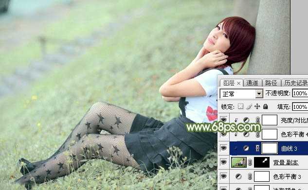 ‘Photoshop给夏季草地上的美女加上唯美的韩系淡绿色‘