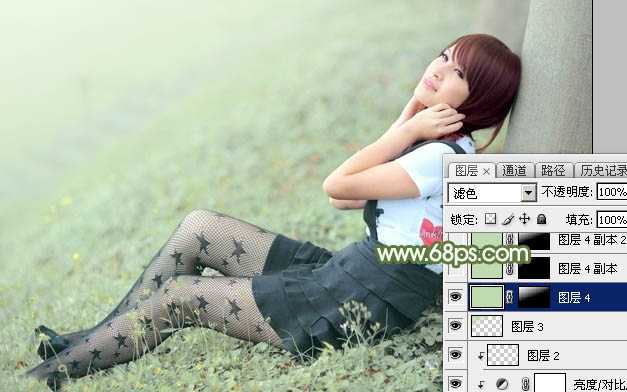 ‘Photoshop给夏季草地上的美女加上唯美的韩系淡绿色‘