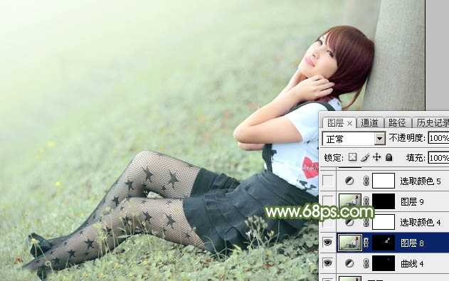 ‘Photoshop给夏季草地上的美女加上唯美的韩系淡绿色‘