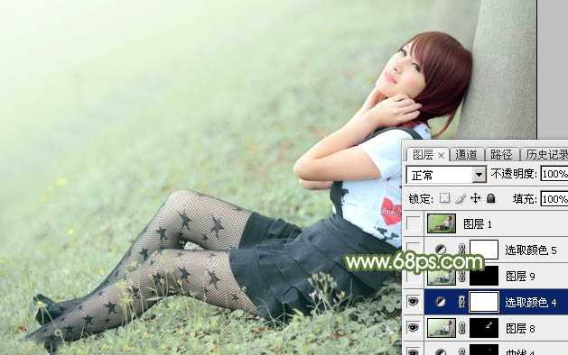 ‘Photoshop给夏季草地上的美女加上唯美的韩系淡绿色‘