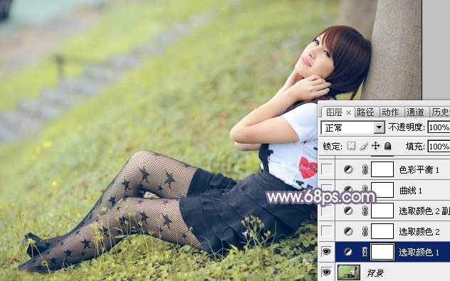 ‘Photoshop为倚靠树边的美女增加柔美的淡调蓝黄色‘