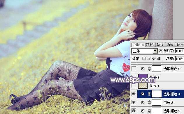 ‘Photoshop为倚靠树边的美女增加柔美的淡调蓝黄色‘
