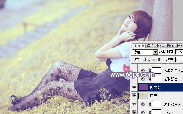 ‘Photoshop为倚靠树边的美女增加柔美的淡调蓝黄色‘