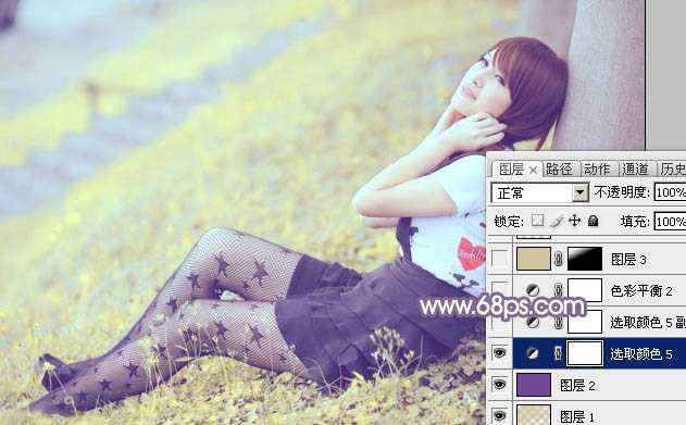 ‘Photoshop为倚靠树边的美女增加柔美的淡调蓝黄色‘