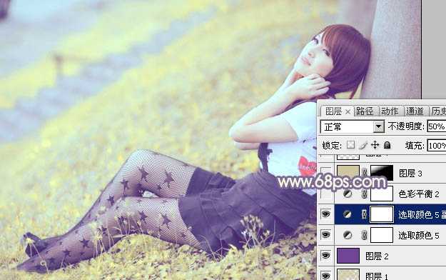 ‘Photoshop为倚靠树边的美女增加柔美的淡调蓝黄色‘