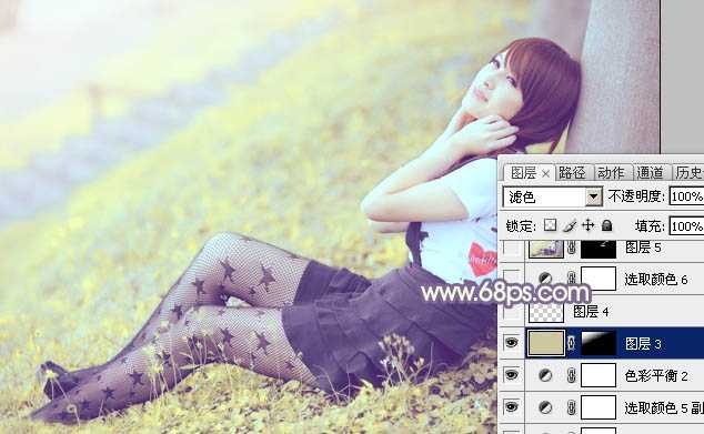 ‘Photoshop为倚靠树边的美女增加柔美的淡调蓝黄色‘