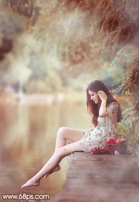 ‘Photoshop为溪边的美女调制出漂亮的淡调红褐色‘