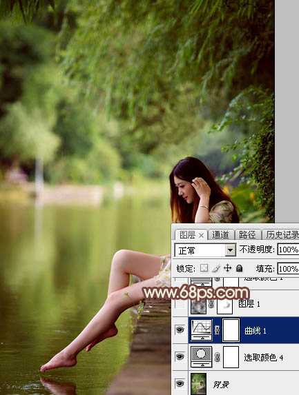 ‘Photoshop为溪边的美女调制出漂亮的淡调红褐色‘