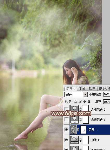 ‘Photoshop为溪边的美女调制出漂亮的淡调红褐色‘