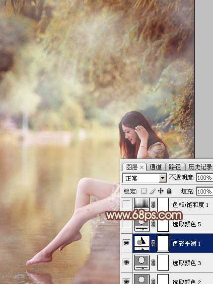 ‘Photoshop为溪边的美女调制出漂亮的淡调红褐色‘