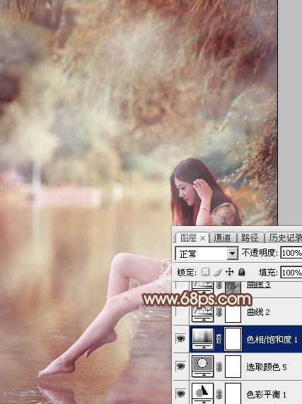 ‘Photoshop为溪边的美女调制出漂亮的淡调红褐色‘