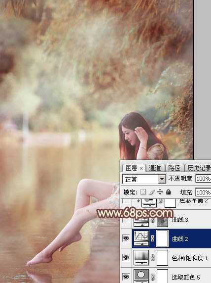 ‘Photoshop为溪边的美女调制出漂亮的淡调红褐色‘