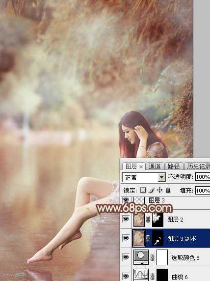 ‘Photoshop为溪边的美女调制出漂亮的淡调红褐色‘