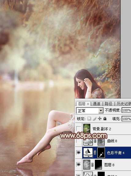 ‘Photoshop为溪边的美女调制出漂亮的淡调红褐色‘
