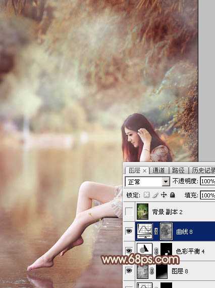 ‘Photoshop为溪边的美女调制出漂亮的淡调红褐色‘