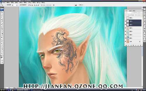 ‘photshop鼠绘超酷的带纹身的古典白发帅哥插画‘