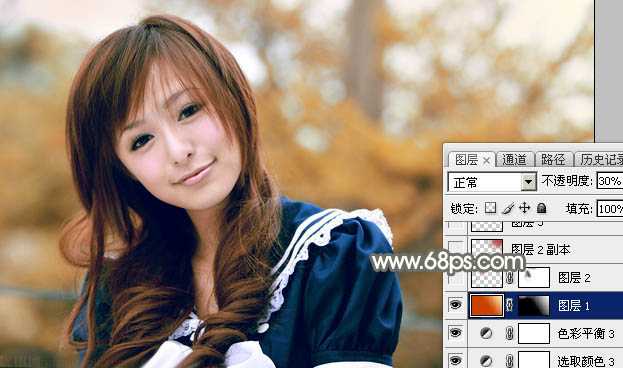‘Photoshop将外景美女调制出淡美的秋季黄褐色‘