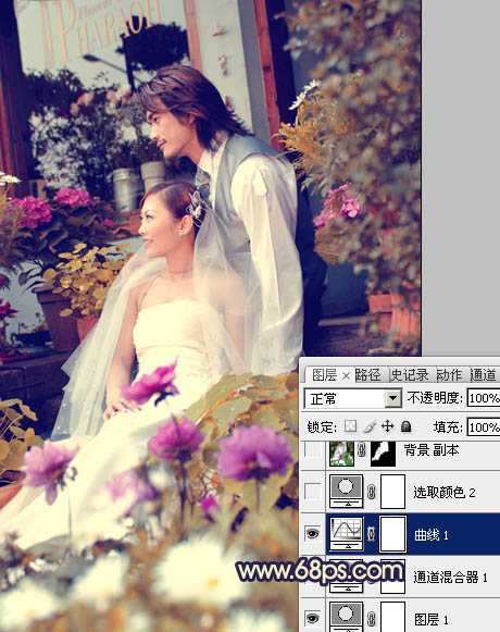 ‘Photoshop将外景婚片调成流行的橙蓝混合色‘