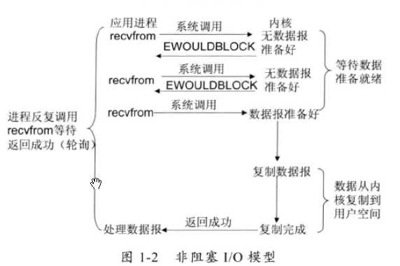 图1-2 同步非阻塞 IO（nonblocking IO）
