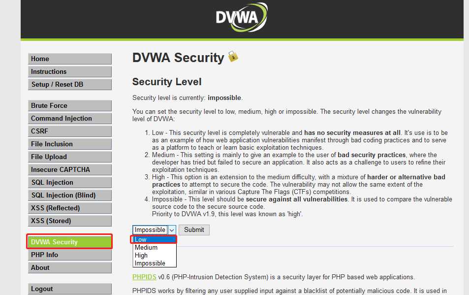修改DVWA安全等级