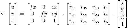 s\cdot \begin{bmatrix} u \\ v \\ 1 \end{bmatrix} = \begin{bmatrix} fx &amp; 0 &amp; cx \\ 0 &amp; fy &amp; cy \\ 0 &amp; 0 &amp; 1 \end{bmatrix} \cdot \begin{bmatrix} r_{11} &amp; r_{12} &amp; r_{13} &amp; t_{1} \\ r_{21} &amp; r_{22} &amp; r_{23} &amp; t_{2} \\ r_{31} &amp; r_{32} &amp; r_{33} &amp; t_{3} \end{bmatrix} \cdot \begin{bmatrix} X \\ Y \\ Z \\ 1 \end{bmatrix}
