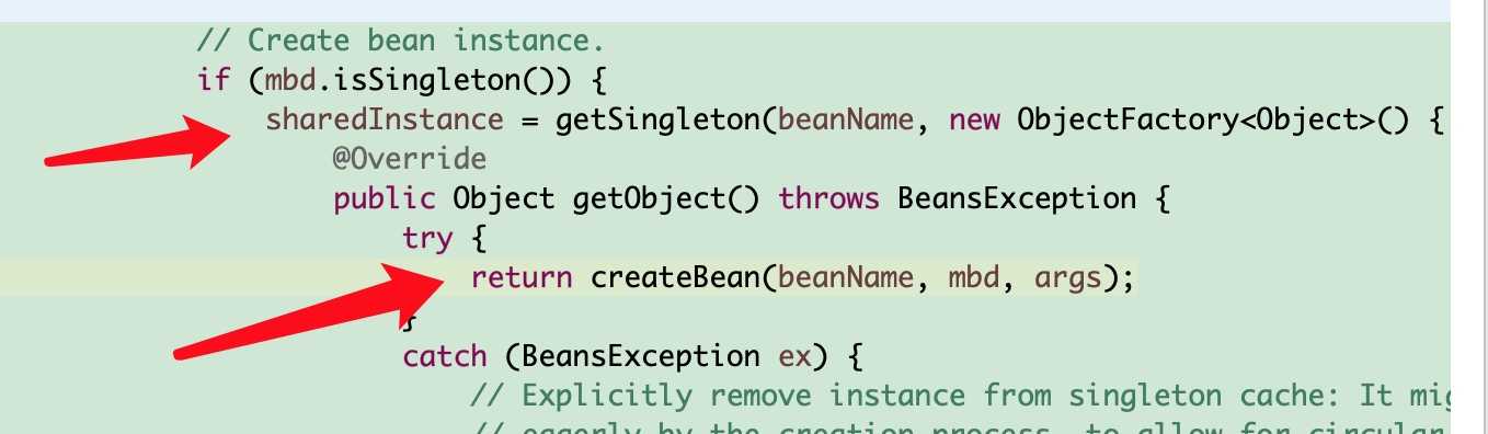 在doGetBean中开始调用createBean方法